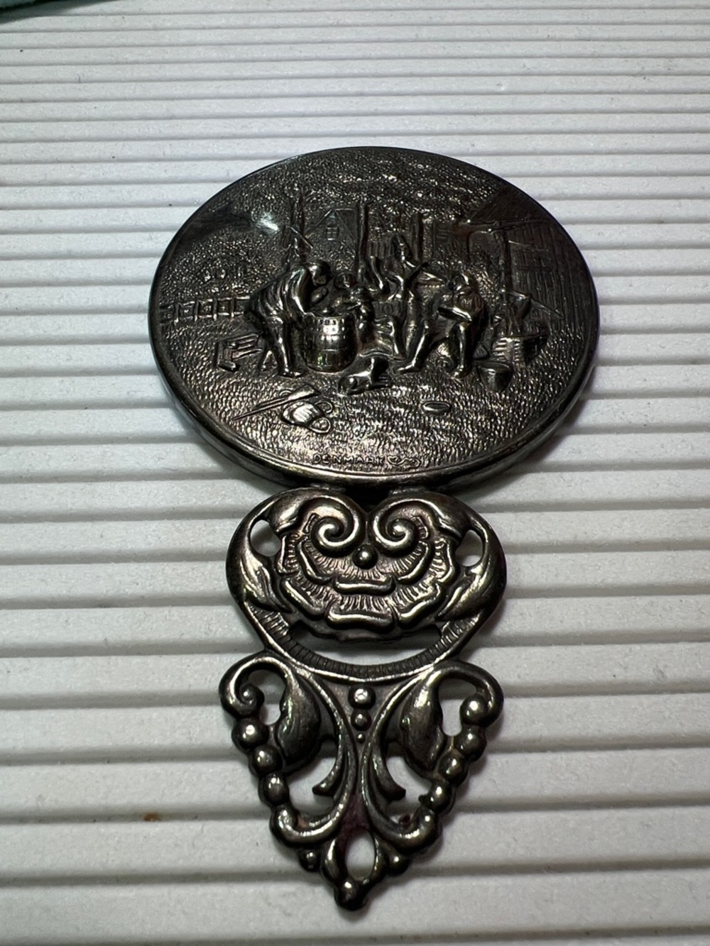 Ornate vintage hallmarked Denmark Decorative Hand Mirror with Embossed Scene